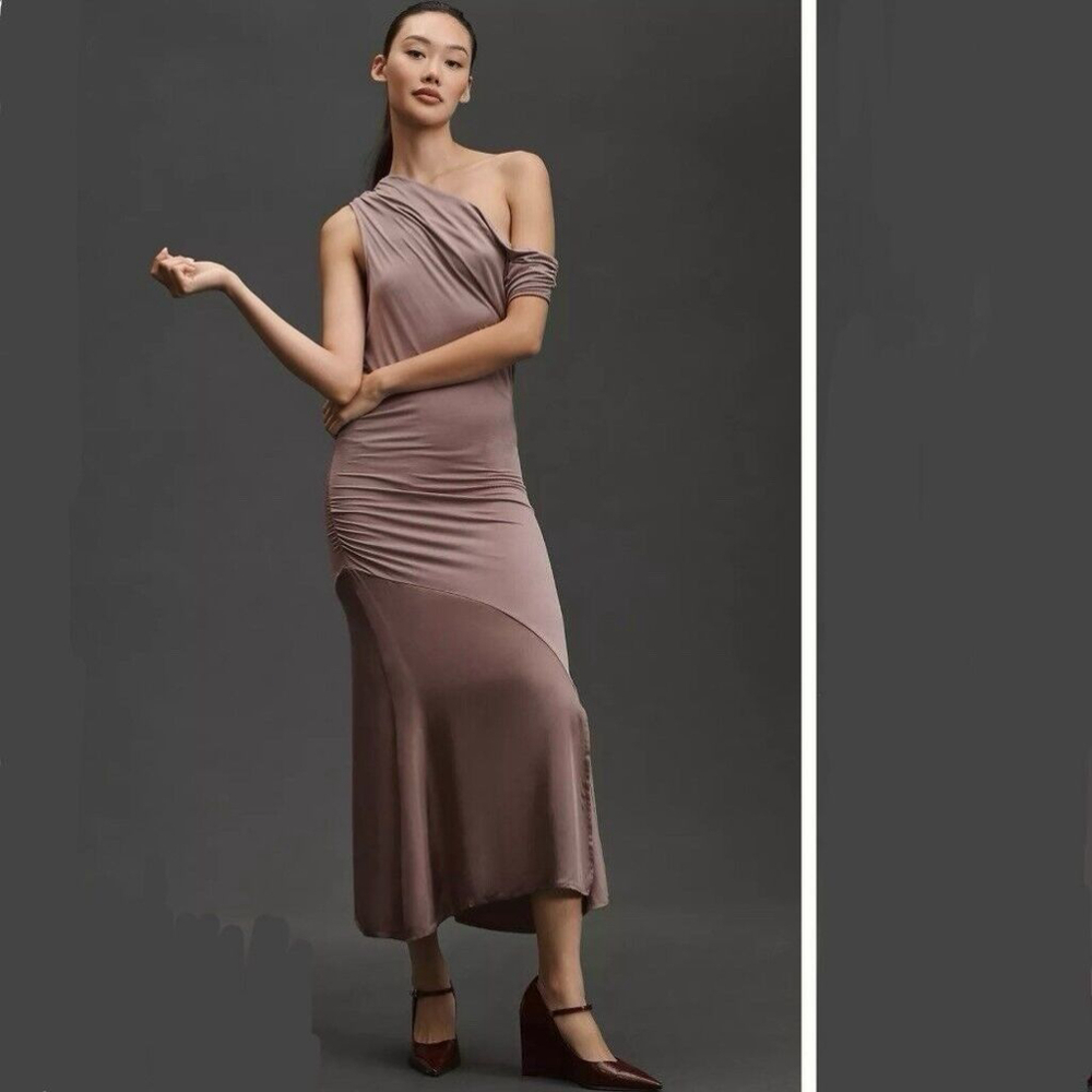 By Anthropologie‎ Asymmetrical Slim Midi Dress- Taupe Purple- Womens SZ Small